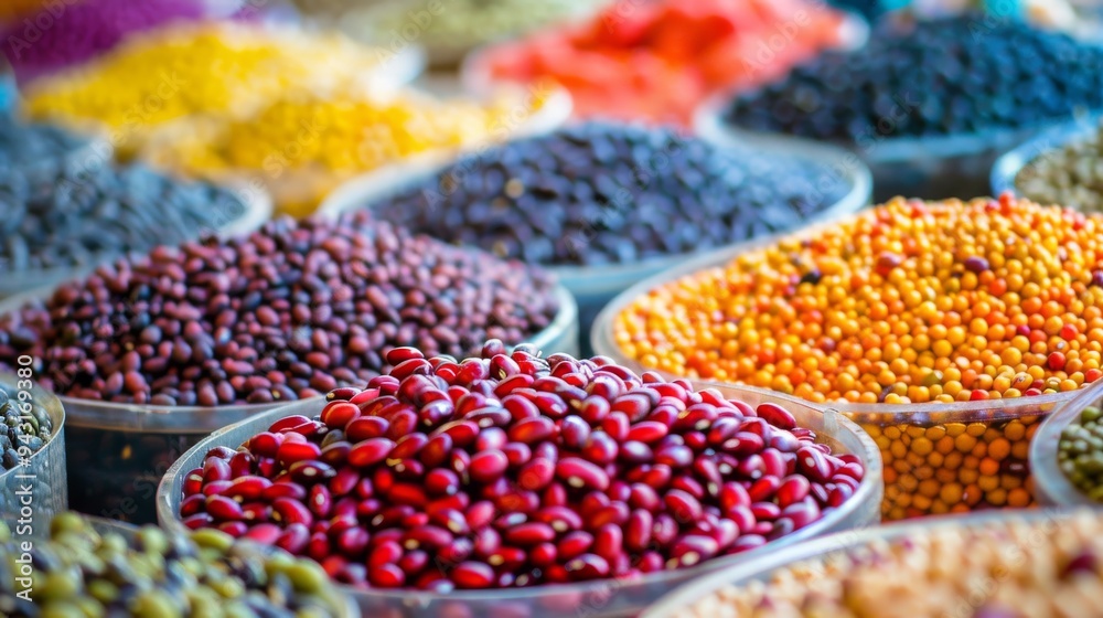 A stunning photograph of diverse beans and legumes showcased in round plastic containers at a vibrant market, highlighting an array of colors and rich textures. A stunning photograph of diverse beans and legumes showcased in round plastic containers at a vibrant market, highlighting an array of colors and rich textures.