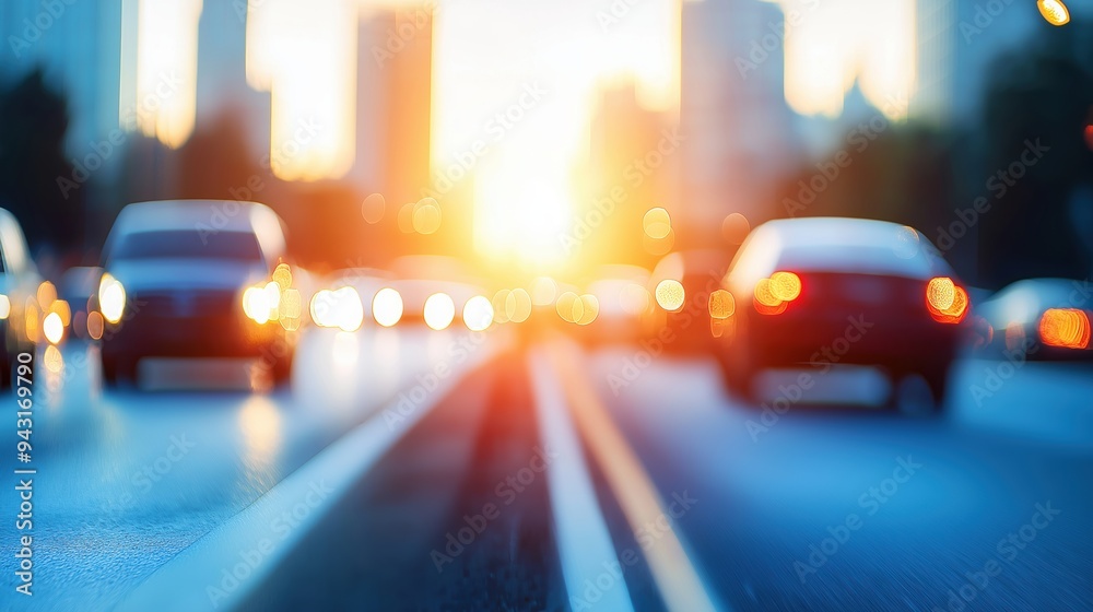 Cityscape with various vehicles, close up, focus on traffic flow, copy space, bright and bustling atmosphere, double exposure silhouette with skyscrapers. Cityscape with various vehicles, close up, focus on traffic flow, copy space, bright and bustling atmosphere, double exposure silhouette with skyscrapers.