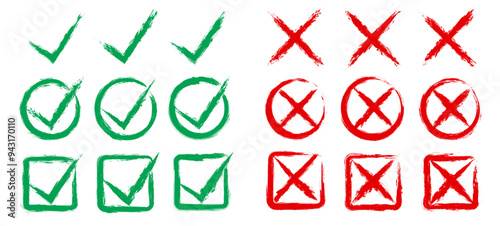 Set of red green check marks doodle icons with brush strokes styles. Grainy, grungy, dusty, rusty, or dirty textured symbol. Yes or no sign. Hand drawn graffiti elements for checkbox and voting