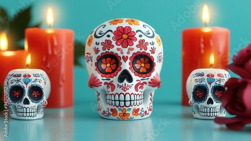 Heritage altar, colorful sugar skulls, Unveiling Día de los Muertos: The Rich Symbolism of Marigolds and Sugar Skulls in Mexican Ancestral Traditions photo