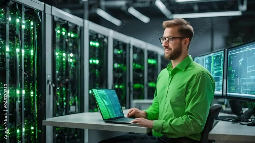 A software engineer working on energy-efficient data centers, represented by green technology and renewable resources