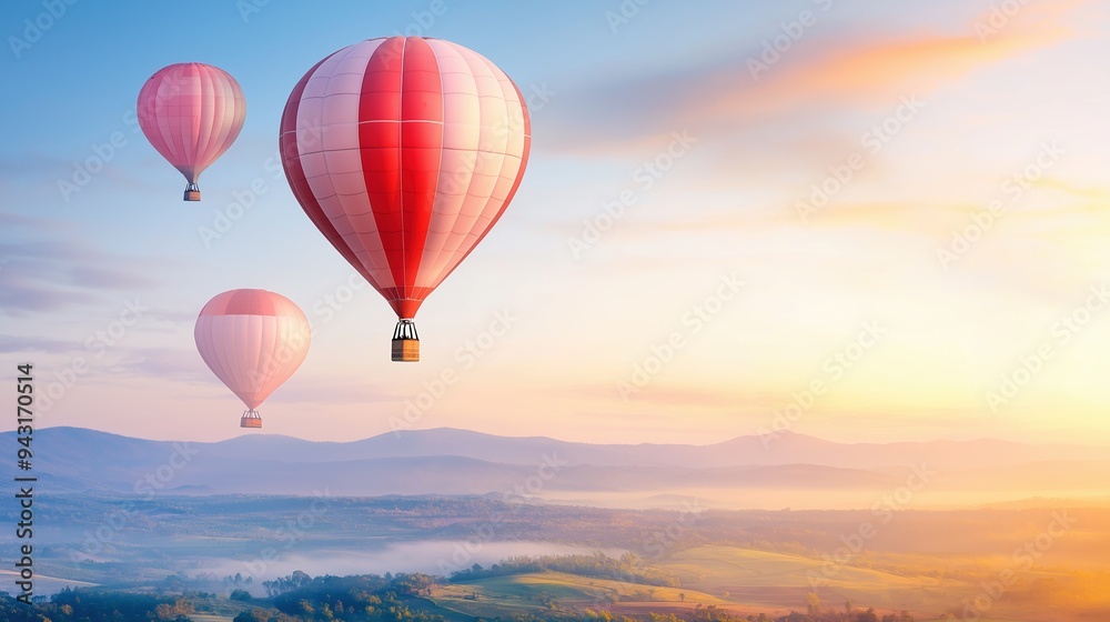 Fototapeta premium Hot air balloons floating above a vibrant landscape, early morning sky, watercolor style