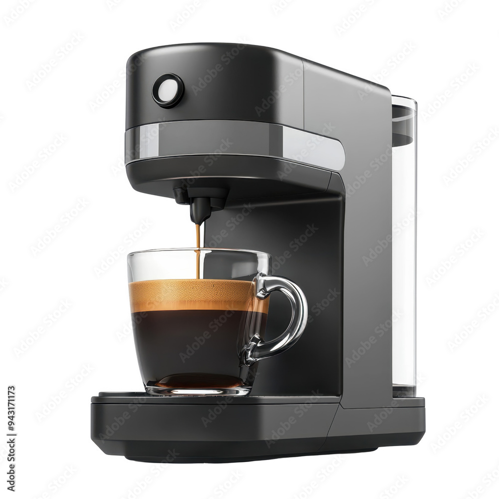 Sleek coffee maker brewing a rich espresso into a transparent glass cup, showcasing layers of dark coffee and golden crema, minimalist design for modern kitchens Sleek coffee maker brewing a rich espresso into a transparent glass cup, showcasing layers of dark coffee and golden crema, minimalist design for modern kitchens