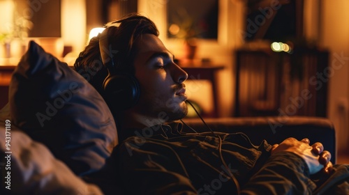 A man wearing headphones reclines on a couch in a dimly lit room, eyes closed, possibly lost in music or deep thought, capturing a moment of introspection and relaxation.