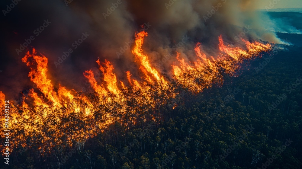 Massive Forest Fire Raging Through Dense Woodland at Dusk with Thick Smoke and Intense Flames