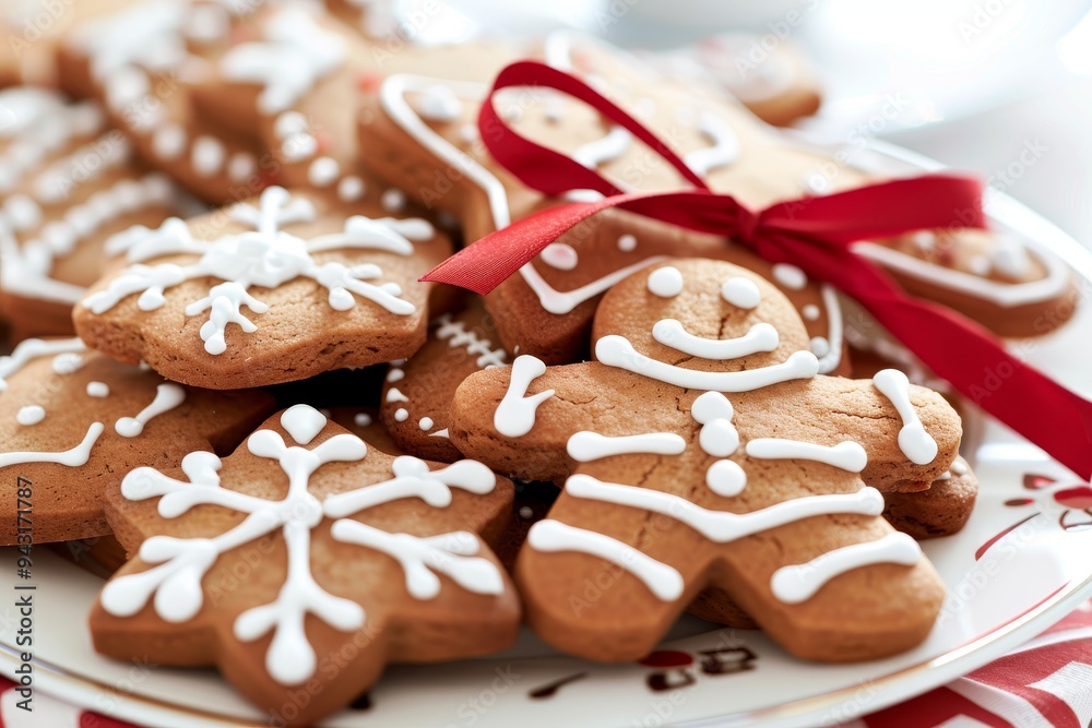 Assorted gingerbread cookies on plate with minimalist red ribbon for elegant display Assorted gingerbread cookies on plate with minimalist red ribbon for elegant display