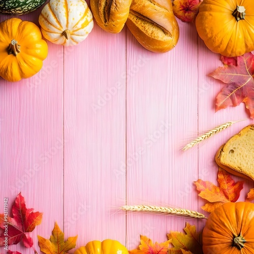 autumn leaves and bread, wheat, multicoloured pumpkins, on pink wooden background. Thanksgiving day card. Harvest.
