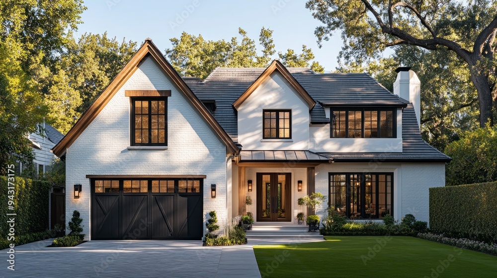 Obraz premium A large white house with a black garage door