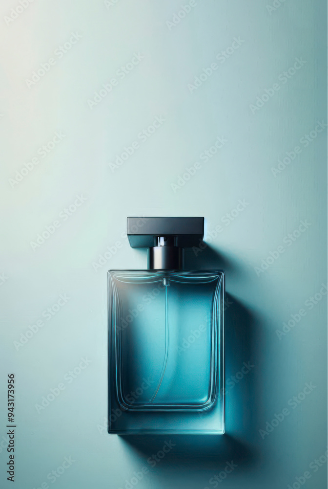 Rectangular perfume bottle with black cap filled blue-colored fragrance. Rectangular perfume bottle with black cap filled blue-colored fragrance.