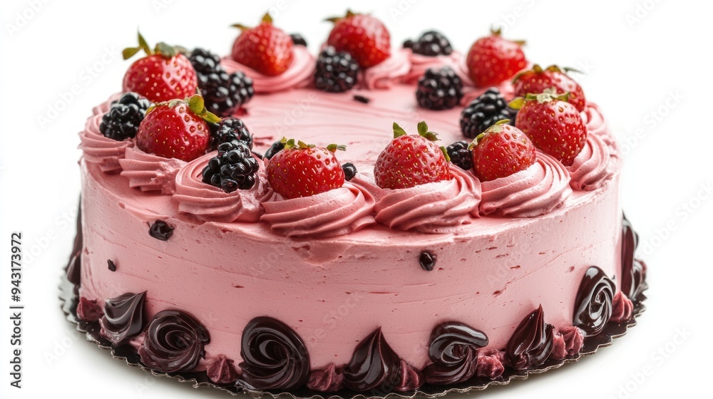 Delicious Pink Cake with Strawberries and Blackberries Delicious Pink Cake with Strawberries and Blackberries