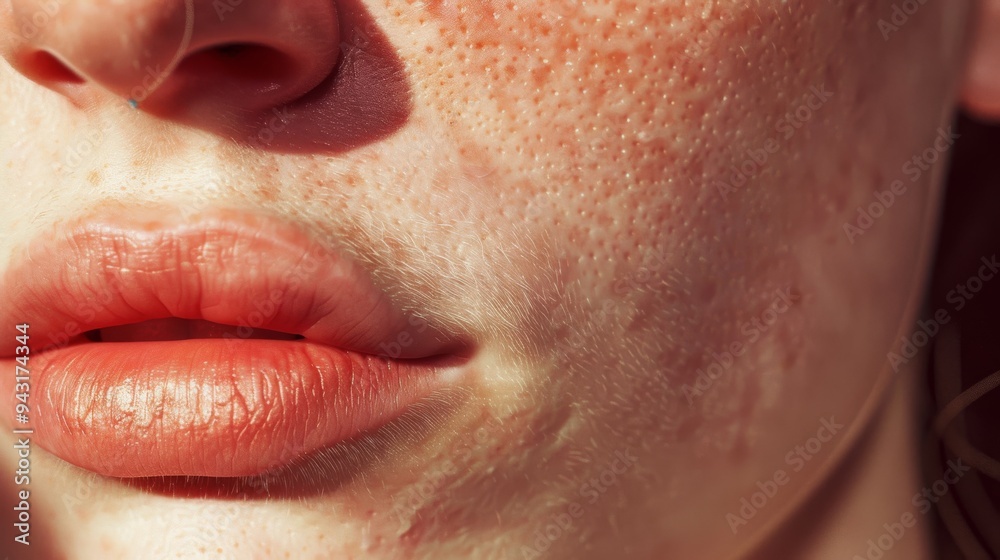 A close-up photograph focusing on the lower face of a person, highlighting skin texture and lip detail. A close-up photograph focusing on the lower face of a person, highlighting skin texture and lip detail.