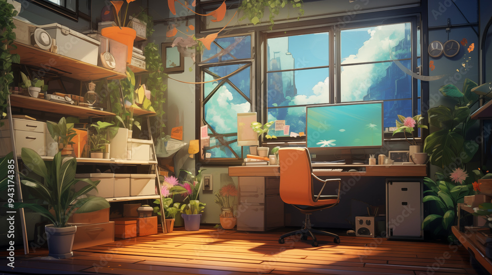 Naklejka premium Photos of work space with plant house in the anime style.