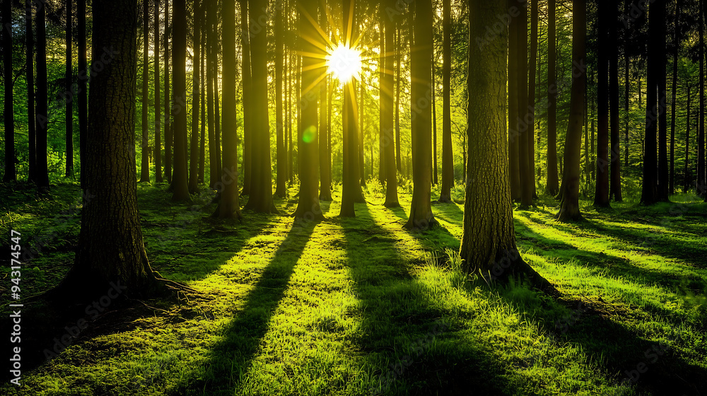 Obraz premium forest with tall trees and sunlight shining through the leaves, casting long shadows on the lush green grass