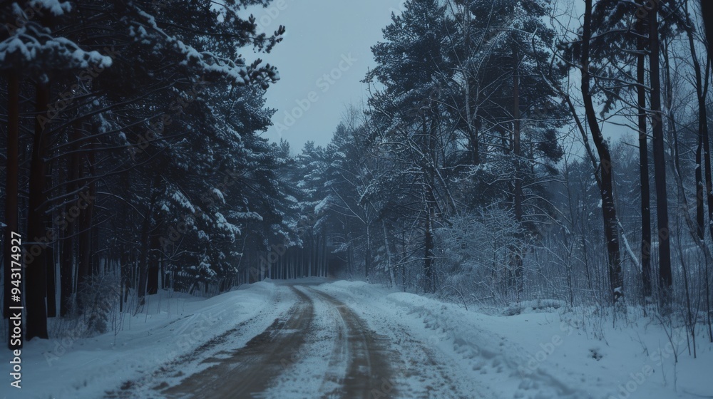A secluded, snowy forest road, surrounded by towering trees, leads into the quiet mystery of a winter wonderland at dusk. A secluded, snowy forest road, surrounded by towering trees, leads into the quiet mystery of a winter wonderland at dusk.