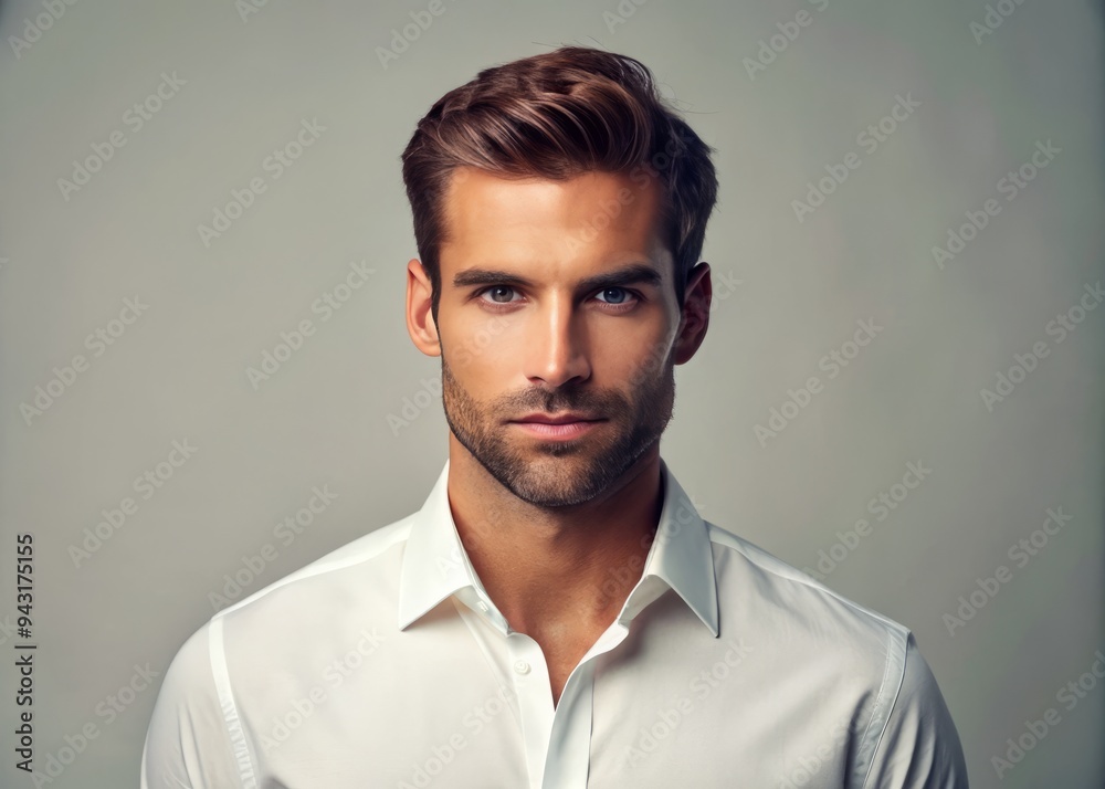 Obraz premium A well-groomed adult male with a fresh haircut and clean-shaven face, wearing a crisp white shirt and standing confidently against a light-colored background.