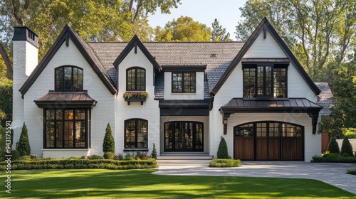 A large white house with a black roof and black trim