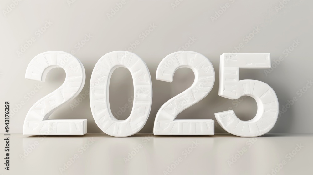 Happy new Year Silvester New Year, New Year's Eve 2025 party event celebration holiday greeting card template with text - White 3d year number, isolated on white gray table background