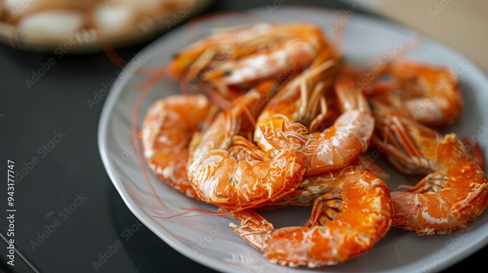A plate of freshly cooked shrimp, highlighting the vibrant orange color and delicious appeal. A plate of freshly cooked shrimp, highlighting the vibrant orange color and delicious appeal.
