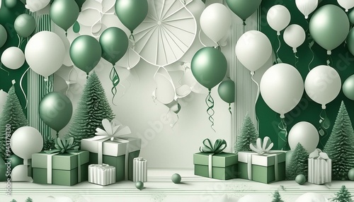 Christmas background. Green and white christmas illustration with giftboxes photo