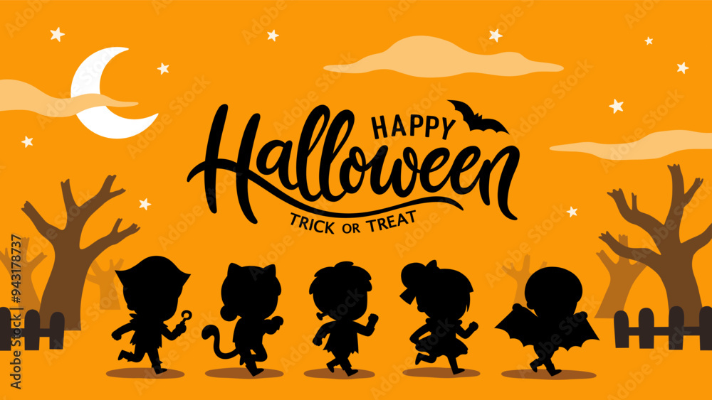 Silhouette of Children dressed in Halloween costumes to go Trick or Treating. Halloween costume kids in spooky holiday. Template for advertising brochure.