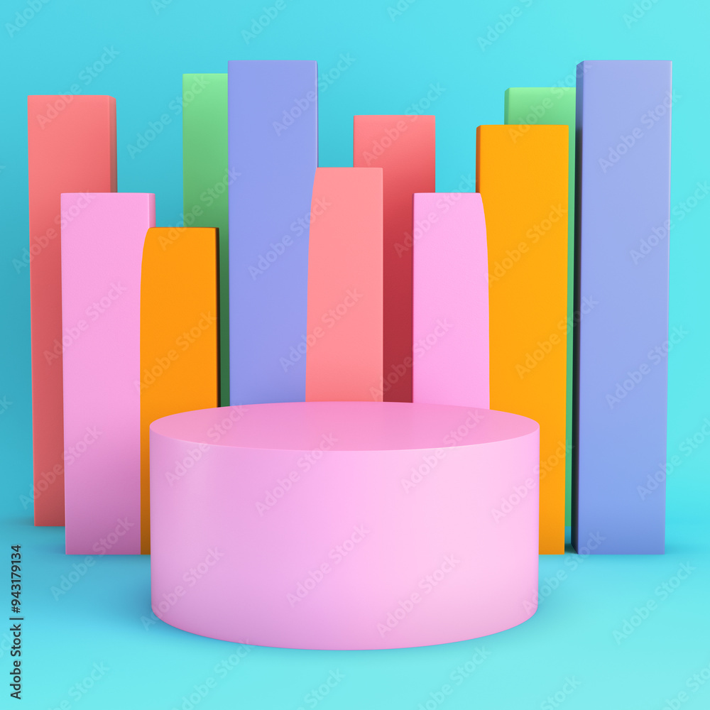 Pink cylindrical podium with panels on bright blue background in pastel colors Pink cylindrical podium with panels on bright blue background in pastel colors
