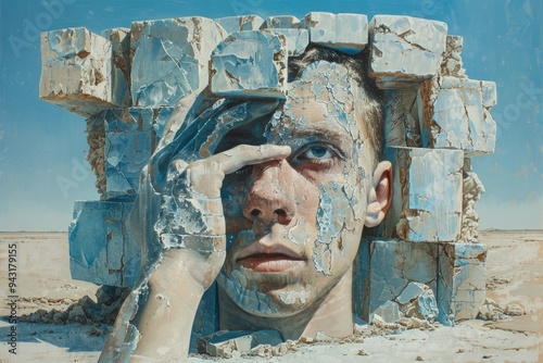 A surreal portrait of a young man emerging from a shattered, stone-like structure in a desolate landscape under a bright sky photo