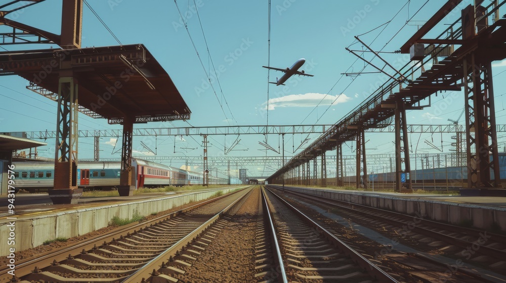 A wide-open railway track stretching into the distance with an airplane soaring above it, signifying travel, journeys, and adventures. A wide-open railway track stretching into the distance with an airplane soaring above it, signifying travel, journeys, and adventures.