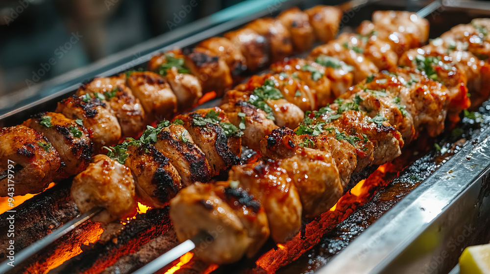 A traditional kebab and shish chicken grilling over hot coals, capturing the essence of Turkish cuisine. A traditional kebab and shish chicken grilling over hot coals, capturing the essence of Turkish cuisine.