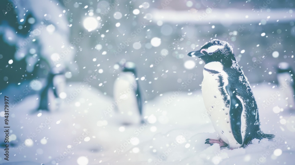 A solitary penguin stands amidst the softly falling snowflakes, with blurred companions in the distance creating a dreamy winter scene. A solitary penguin stands amidst the softly falling snowflakes, with blurred companions in the distance creating a dreamy winter scene.