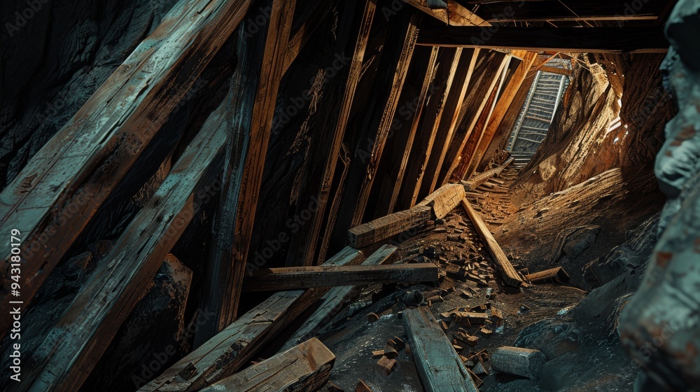 Inside an abandoned tunnel, scattered wooden beams and debris line the unstable pathway, illuminated dimly from one end. Inside an abandoned tunnel, scattered wooden beams and debris line the unstable pathway, illuminated dimly from one end.