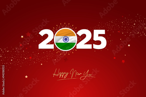Colorful Happy New Year Festival Design Banner, New Year 2025 Logo with Indian Flag on Red-Maroon Confetti and star Background, Calendar 2025, Social Media New Year Banner, Post Card, Greetings