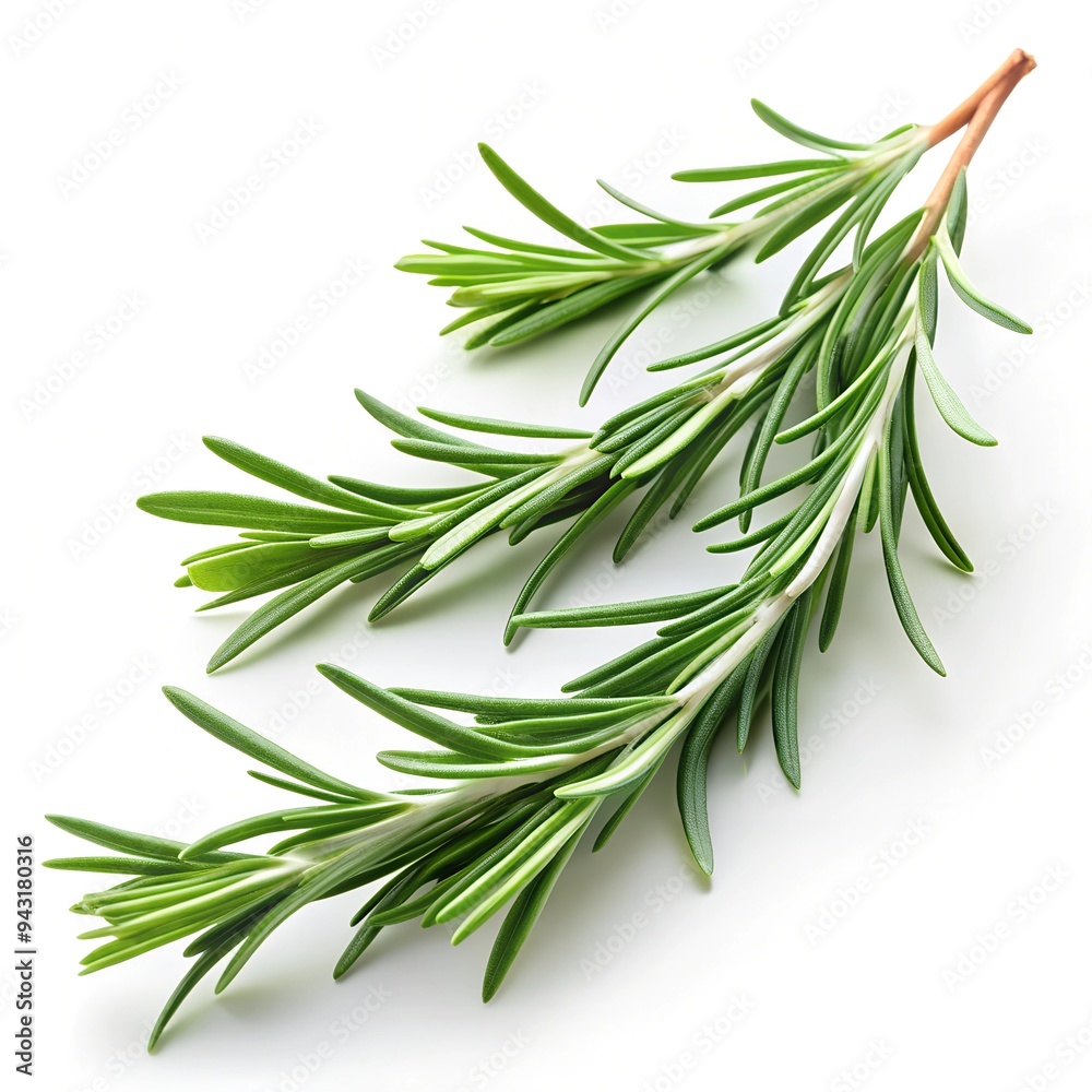 Sprig of fresh rosemary isolated on a white background, showing its needle-like leaves and aromatic qualities. Sprig of fresh rosemary isolated on a white background, showing its needle-like leaves and aromatic qualities.