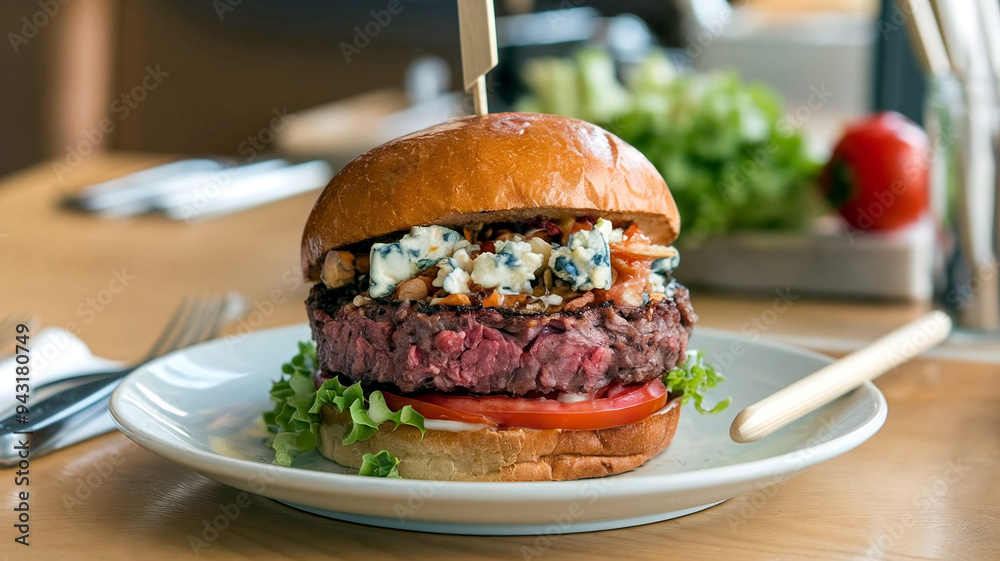 Gourmet beef burger with blue cheese, fresh lettuce, tomato, and onion, served on a brioche bun in a cozy restaurant setting. Gourmet beef burger with blue cheese, fresh lettuce, tomato, and onion, served on a brioche bun in a cozy restaurant setting.