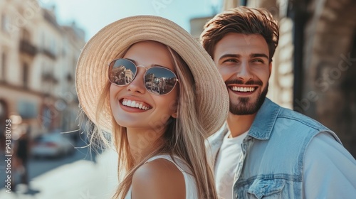 A cute couple having a good time. Walking in the city together is a handsome man and a young, attractive woman. Connection.