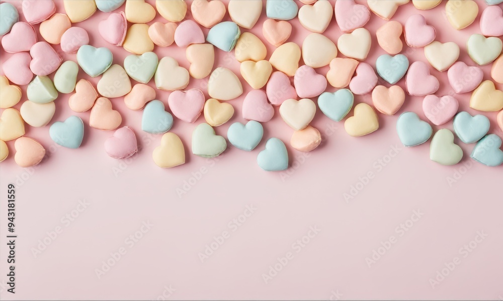 Obraz premium Pink background with pastel-colored heart-shaped candies