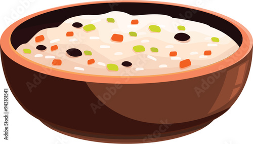 Bowl containing steaming hot rice porridge with vegetables, perfect for a healthy breakfast
