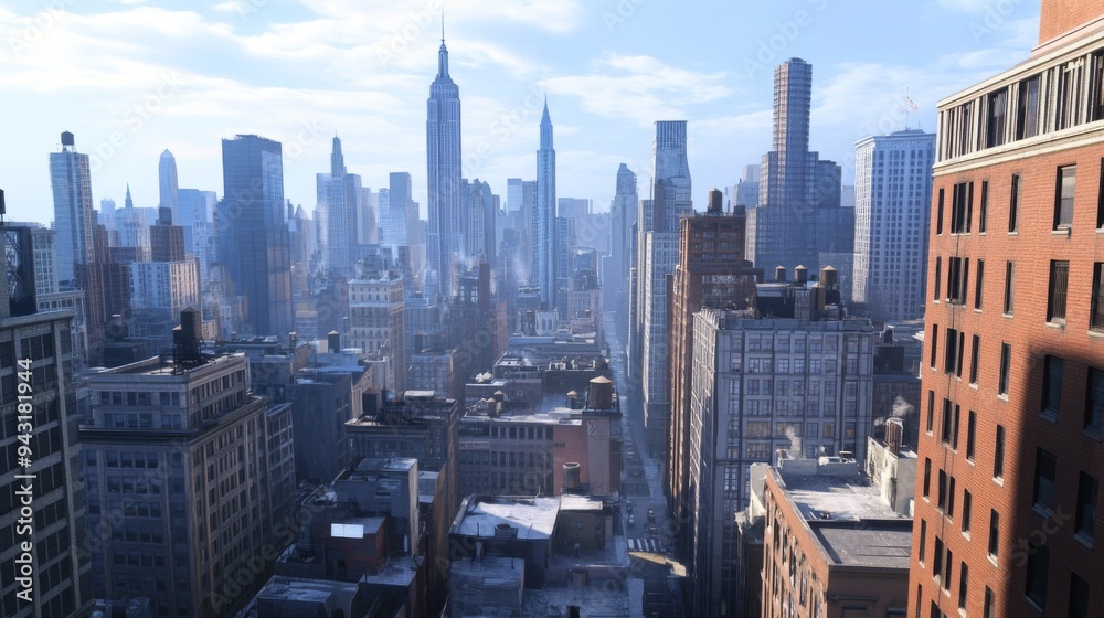 A view from a rooftop, overlooking the dense cluster of tall buildings in the city center, with a few iconic landmarks visible. A view from a rooftop, overlooking the dense cluster of tall buildings in the city center, with a few iconic landmarks visible.