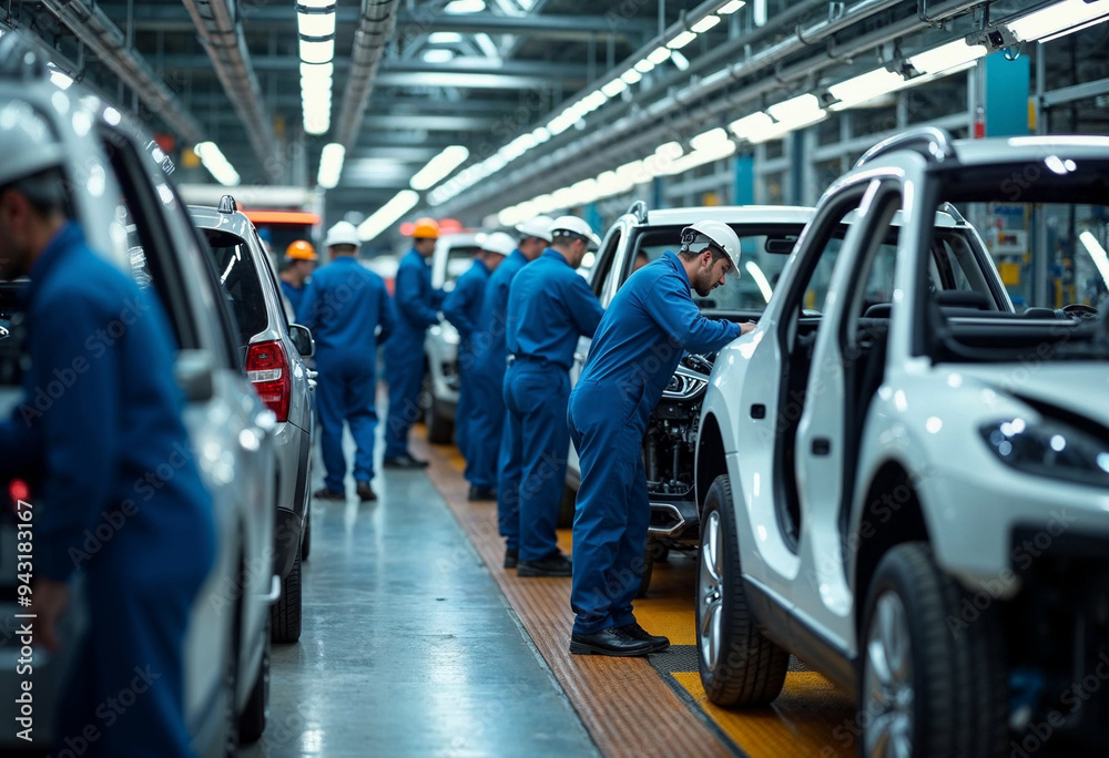 Fototapeta premium A modern automotive assembly plant scene showcasing workers in blue overalls engaged in car assembly, highlighting teamwork and efficiency.