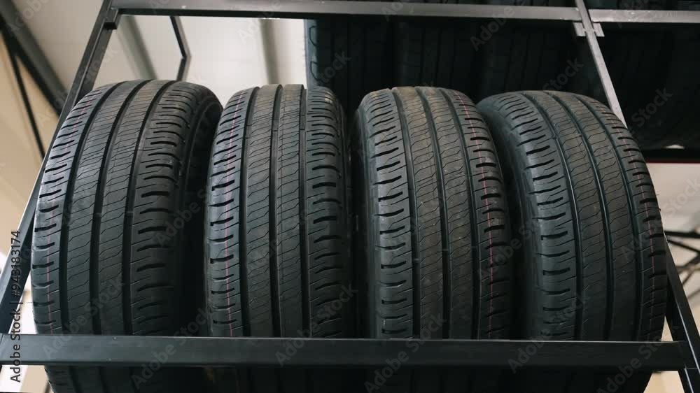 Close-up view of new winter tires on display at a car store. The tires are stacked on a shelf and have a variety of features, including aggressive tread patterns for traction in snow and ice Close-up view of new winter tires on display at a car store. The tires are stacked on a shelf and have a variety of features, including aggressive tread patterns for traction in snow and ice