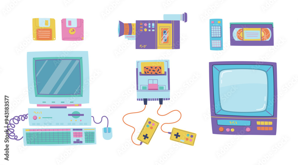 Retro technology set. Devices from the 1990s. Computer, processor, keyboard, TV, video cassette, remote, camcorder, game console, diskette Retro technology set. Devices from the 1990s. Computer, processor, keyboard, TV, video cassette, remote, camcorder, game console, diskette