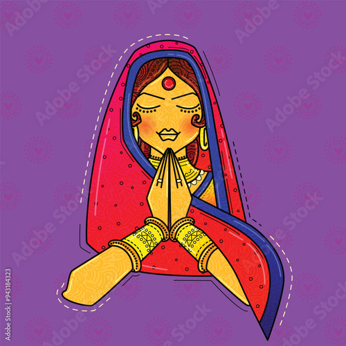 illustration of woman of India welcoming gesture in desi (indian) art style.