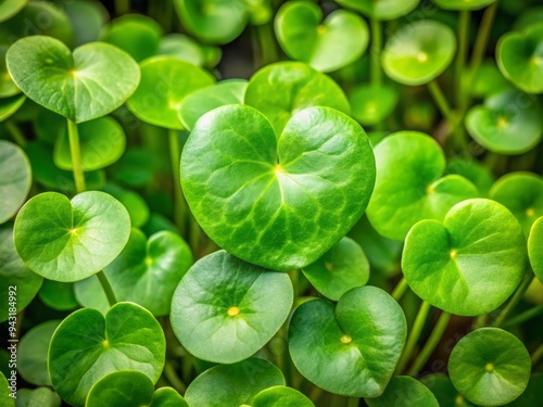 Delicate, heart-shaped leaves of Claytonia perfoliata, also known as miner's lettuce, grow in a lush, vibrant green cluster amidst a backdrop of soft, earthy tones. photo