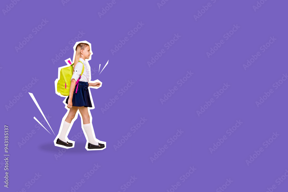 Fototapeta premium Composite photo collage of happy blonde girl walk school carry backpack supplies preparation education isolated on painted background