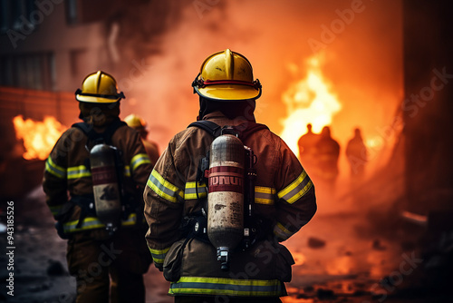 AI generated photo of brave firefighter against the backdrop of a burning house