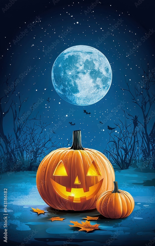A spooky Halloween scene featuring glowing pumpkins under a full moon, surrounded by autumn leaves and a starry night sky. A spooky Halloween scene featuring glowing pumpkins under a full moon, surrounded by autumn leaves and a starry night sky.