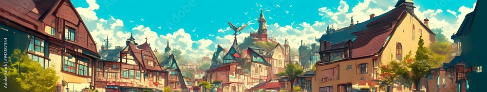 Enchanting Digital Fairytale Town: Abstract European Street Scene with Anime-Inspired Aesthetics. Conceptual Art for Novel Backgrounds, Video Game Environments, and Industrial Landscapes. Elegant Mini Enchanting Digital Fairytale Town: Abstract European Street Scene with Anime-Inspired Aesthetics. Conceptual Art for Novel Backgrounds, Video Game Environments, and Industrial Landscapes. Elegant Mini