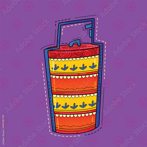 vector illustration of desi (india) art style tiffin carrier.
