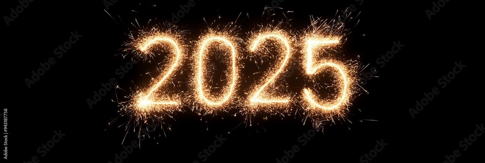 Sparkling 2025 New Year Celebration with Fiery Golden Sparkler Light Trails on Black Background