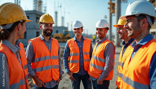 A friendly portrait of a group of engineers and workers on a construction site. photo