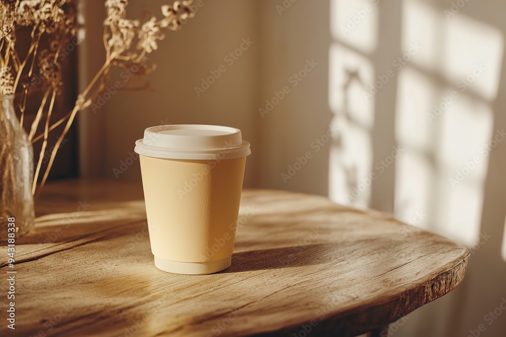 Paper coffee cup on wooden table in sunlight Paper coffee cup on wooden table in sunlight